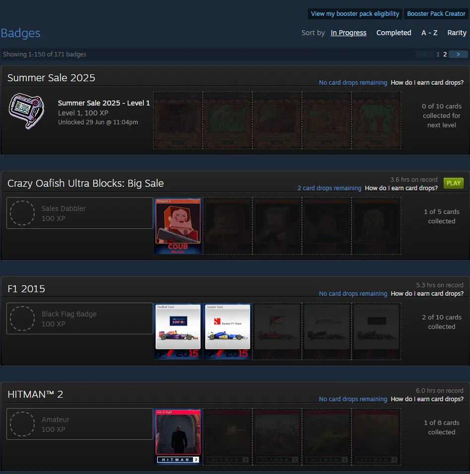 Steam badge progress overview for a game